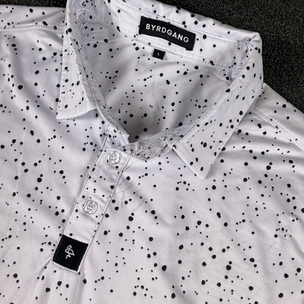 Byrdgang Polo Mens Large Splatter White Black Short Sleeve Stretch Golf Shirt